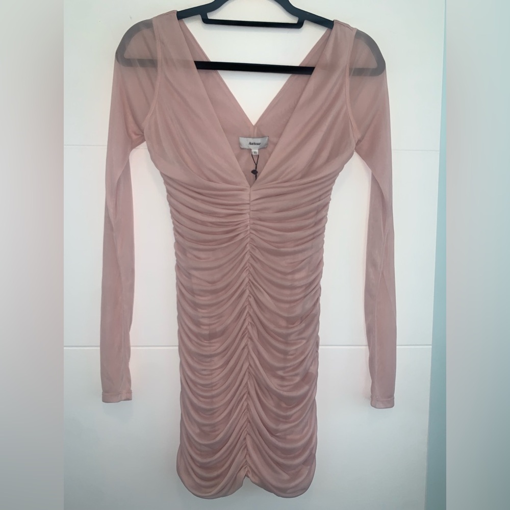 Auteur Studio Camille Mesh Pink Rouched Long Sleeve Mini Dress XS New